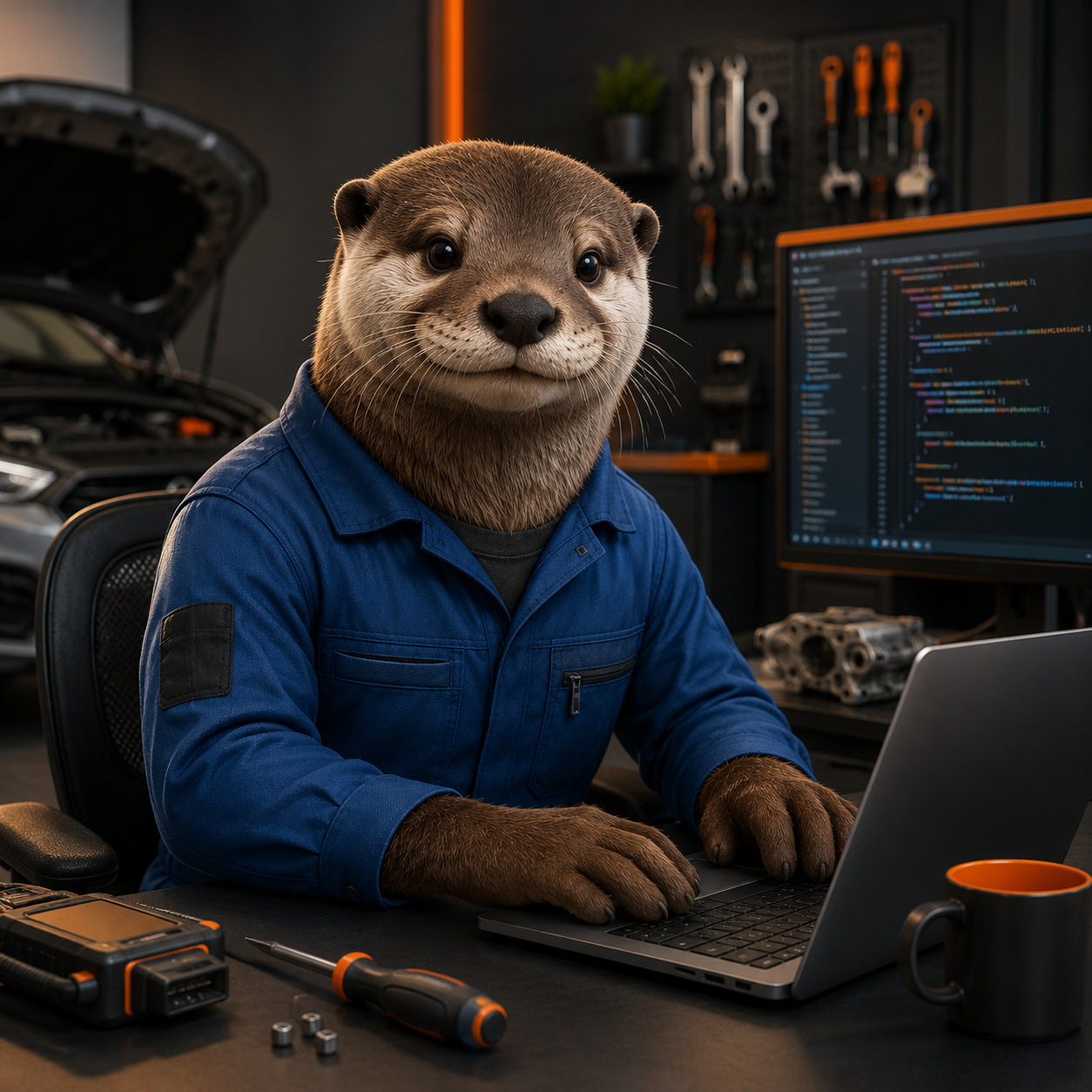 Otter im Blaumann beim Programmieren